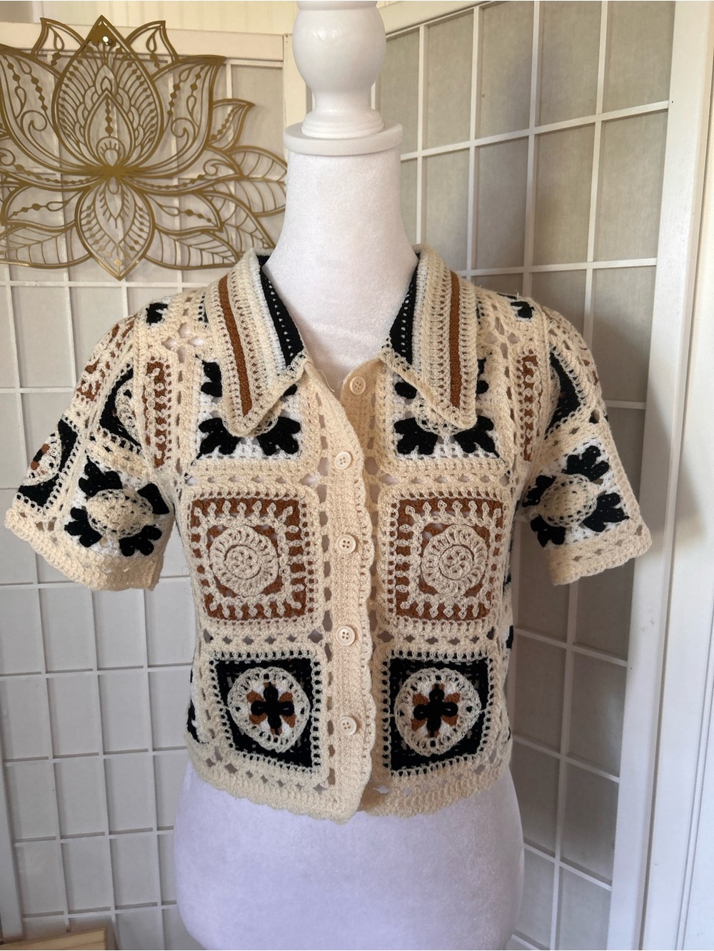 Rebellion Again Boho Granny-Square Crochet Crop Cardigan